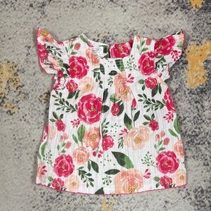 Mud Pie Girls Floral Flutter Top - White with Pink & Peach Blooms